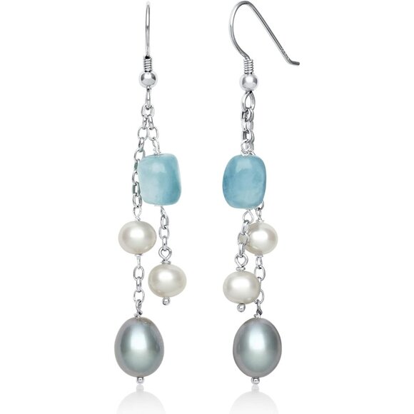 Sterling Silver Pearl & Aquamarine Dangle Earrings for Women